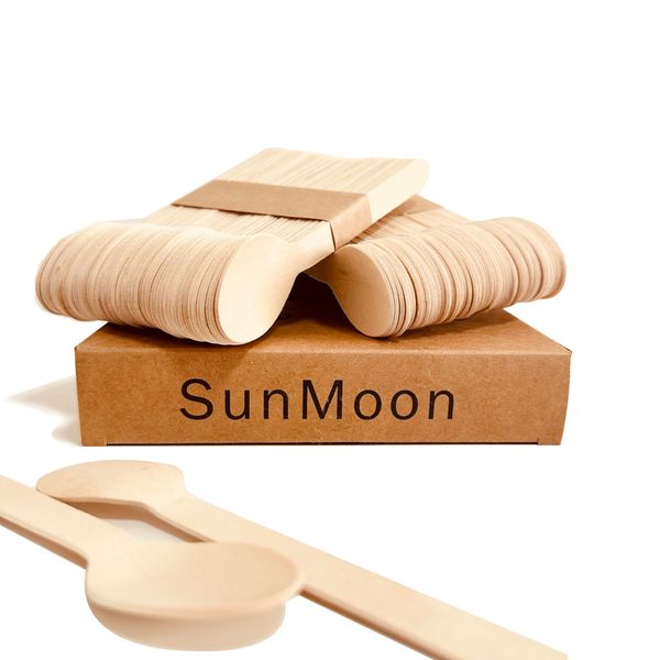 SunMoon Eco Friendly 100 Pack Wooden Spoons Disposable, Substitute for Plastic Spoons and Bamboo Spoons, Plastic Free Packaging, Disposable Spoons for Parties, Travelling, Camping,Wedding,Gardening……