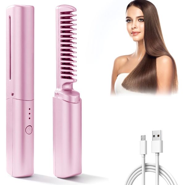 Rechargeable Mini Hair straighteners,Portable Mini Hair Straightener,2 in 1 Hair Straightener Brush and Curler,Cordless Hair straighteners, Brush Curling Iron for Short and Long Hair (Pink)