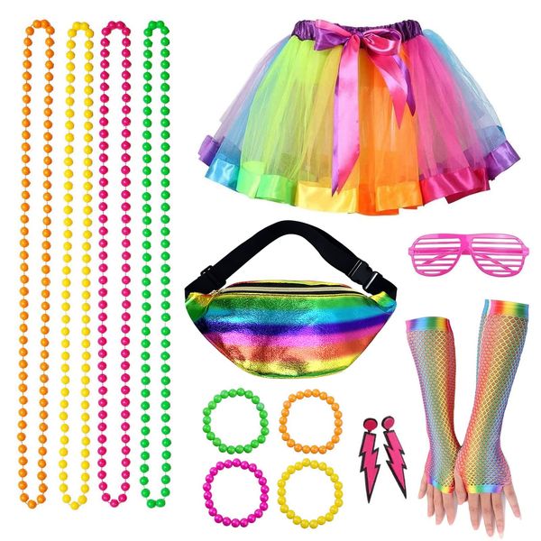 BIQIQI 80s Fancy Party Costume Accessories Set, 1980s Fancy Dress Neon Costume Accessories with Earring Bracelets Bead Necklaces Tutu Skirt Fishnet Gloves Sunglasses for 80s Retro Party, Colorful