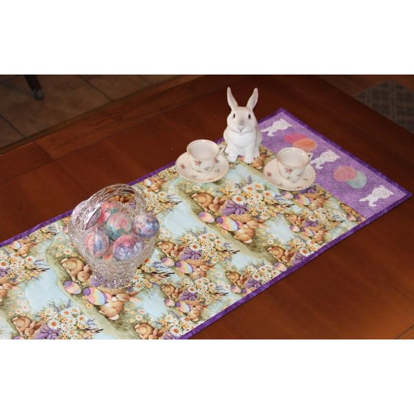 Handmade Quilted Easter Table Runner with White Bunnies and Easter eggs