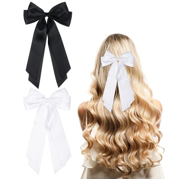 2Pcs Bow Hair Clip with Long Tail, Hair Bows for Women Black Hair Ribbons Hair Accessories for Girls Women(Black, White)