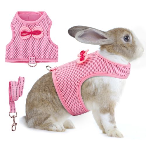 AIITLE Soft Breathable Bunny Harness Set - Escape-Proof Adjustable Vest, Lightweight Reflective Leash for Running, Hiking - Fits Rabbits, Guinea Pigs, Kittens Pink S