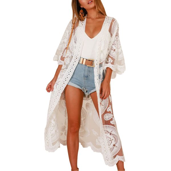 JDiction Damen Badeanzug Cover Up Badeanzug Kimono Langes Strandkleid Blumenspitze Bikini Schwimmbekleidung