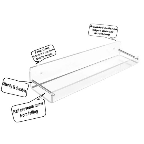 AMT 2 Pack Acrylic Floating Shelves, 15" L x 4" W, Clear Bathroom Wall, Bookshelves, Invisible Display for Office, Bedroom, Small Gap Allows Water to Escape, Free Screws & Drill Bit (L- New Model)