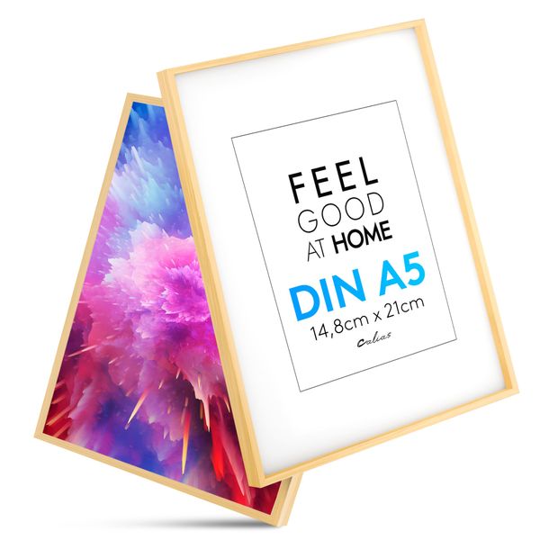 Calias® [1 STK.] Bilderrahmen A5 Natur - Bilderrahmen Holz mit bruchsicherem Plexi Glas - Holzbilderrahmen inkl. Aufsteller und Aufhängung - Echtholz Bilder Rahmen FSC zertifiziert - Made in EU
