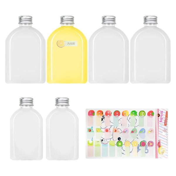 GVSAVY 6 Pack Clear Juice Bottles (100ml+200ml), 1 Fruit Sticker, Flat Beverage Container, Drink Empty Bottle With Aluminum Lid, Reusable Transparent Flat Bottle, Suitable For Milk, Juice