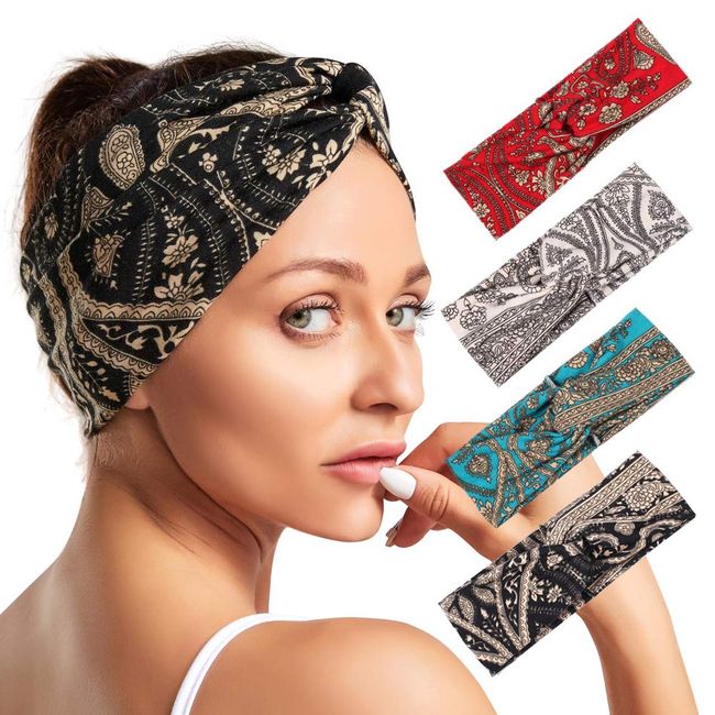 4 Pack Women Headbands, Vintage Elastic Boho Floal Style Criss Cross Headbands Head Wrap Hair Bands Cute Hair Accessories for Women Girl