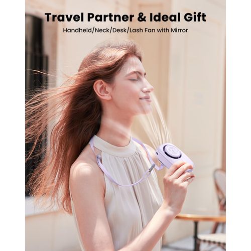 Gaiatop Mini Neck Fan, Rechargeable LED Power Display 3 Speed 360°Rotate Lash Makeup Mirror Cute Camera Design, Small Portable USB Handheld Desk Fans Personal Cooling Travel Essentials Purple