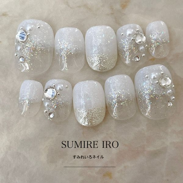 Nail tip design false nails bridal beige cute short long simple coming-of-age ceremony presentation mother nail winter short nails small nails large nails berry short chibi nails wedding wedding false nails gel nails round oval milk white lame grade stone