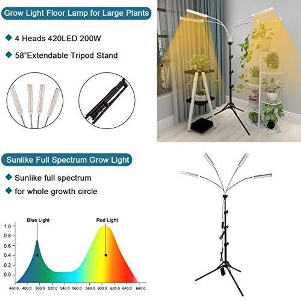 Grow Lights for Indoor Plants Full Spectrum with 58 Extendable Tripod Stand,200W Auto On/Off Timing Function Four-Heads Floor Plant Grow Light for Succulent and Seedling 