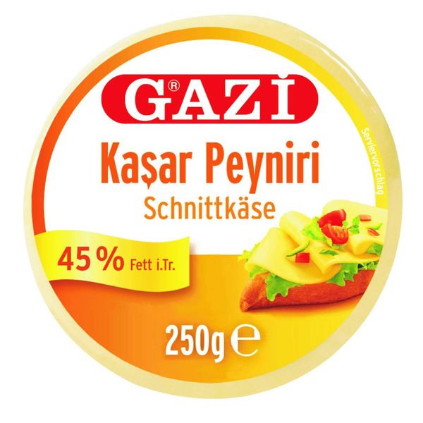 Gazi Kashkaval Schnittkäse - 4x 250gramm Vakuum - Kasar Peyniri Hartkäse Kuhkäse Käse aus Kuhmilch 45% Fett i.Tr. als Pizzabelag, zum Überbacken von Aufläufen, vegetarisch, glutenfrei, Halal