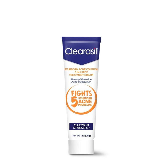 Clearasil Stubborn Acne Control 5in1 Spot Treatment Cream, Maximum Strength, Benzoyl Peroxide Acne Medication, Fights Blocked Pores, Pimple Size, Excess Oil, Acne Marks & Blackheads, 1 oz (Pack of 5)