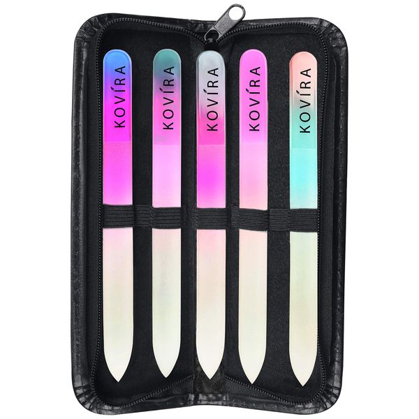 Kovira Glass Nail Files with Protective Case (5 Pack) - Long Lasting Double Sided Fingernail Files - Manicure/Pedicure Set for Shaping Natural Nails & Artificial Nails - Professional Crystal Files