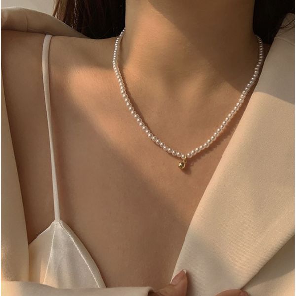 Gold Charm Pearl Simple Necklace / Gold Pendant Basic Mini Pearl Necklace Simple Pendant Afave JR1027N