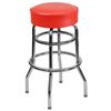 Commercial Quality Double Ring Chrome Barstool with Red Vinyl Upholstered Seat