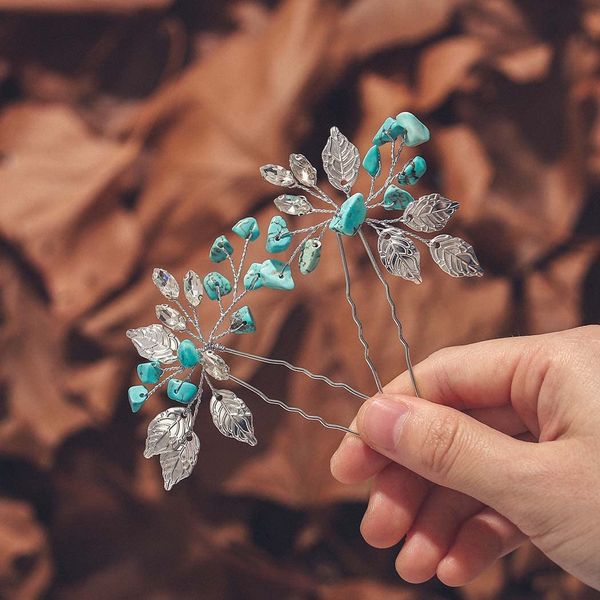 Jeairts Turquoise Hair Pins Silver Leaf Wedding Hair Pieces Glitter Rhinestone Headpiece Hair Clips Crystal Bridal Hair Accessories for Women and Girls(Pack of 2)