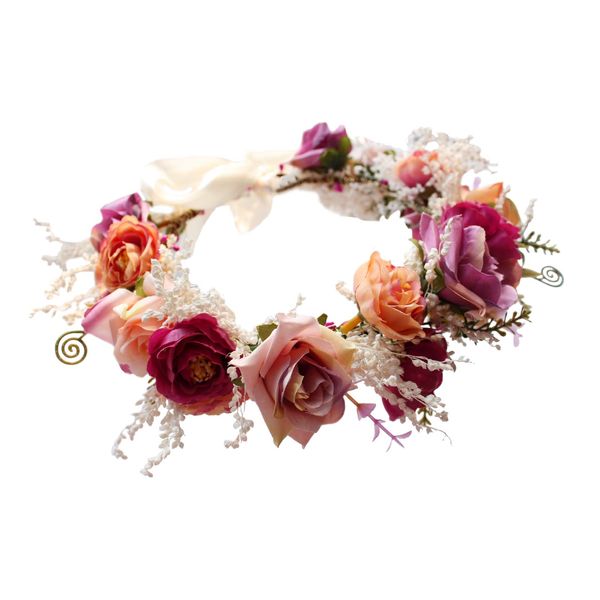 Brikuinr Bride Flower Crown Floral Wreath Headband Hair Wreath Hair Garland Flower Halo Floral Headpiece Boho with Ribbon Wedding Party Festival