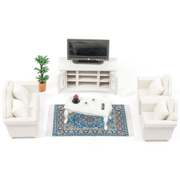 SAMCAMI Miniature Dollhouse Furniture 1 12 Scale - Wooden Dollhouse Furniture Set for Dollhouse Living Room - Doll House Furniture Incl Sofa, TV Cabinet, Coffee Table and Other Accessories (White)