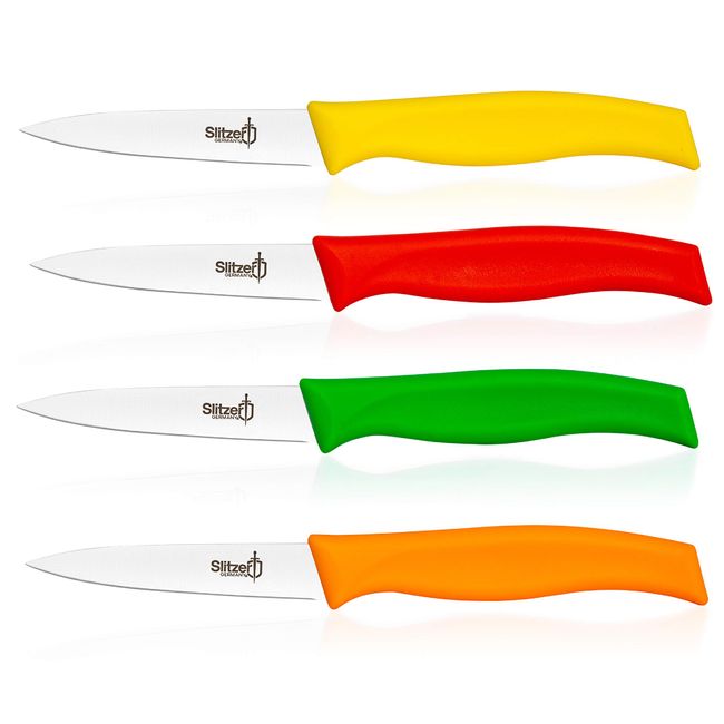 Slitzer Germany 4-Piece Paring Knife Set, 3 1/2 Inch Blade, German Stainless Steel, Colored Handles, Red, Yellow, Green, Orange