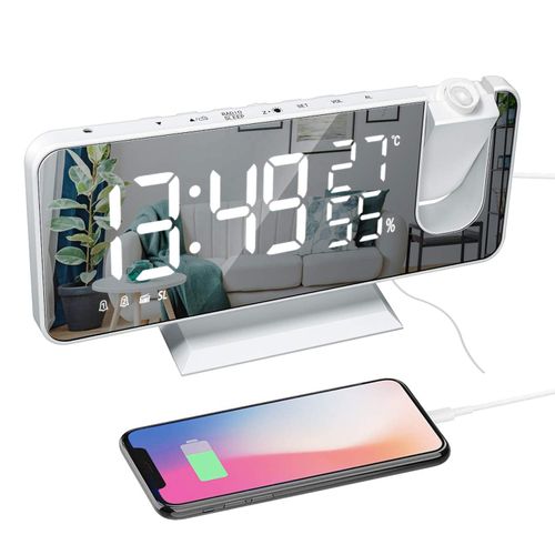 ThreeH Projection Alarm Clock with USB Charger 180° Rotable Projector Alarm Clock with FM Radio 7.4'' Mirror Display 2 Sounds 4 Dimmer White