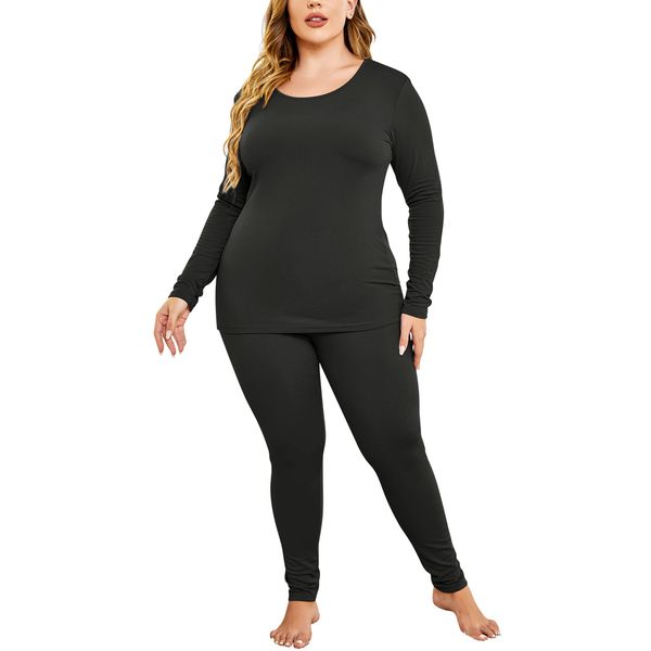 IN'VOLAND Women’s Plus Size Thermal Long Johns Sets Fleece Lined 2 Pcs Underwear Top & Bottom Pajama Set Black