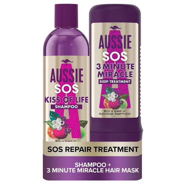 Aussie SOS Shampoo And Deep Treatment Hair Mask Set for Dry Damaged Hair, Kiss of Life Hair Repair Hair Care Set With Australian Superfoods, Shampoo (290 ml) + 3 Minute Miracle Hair Mask (225 ml)