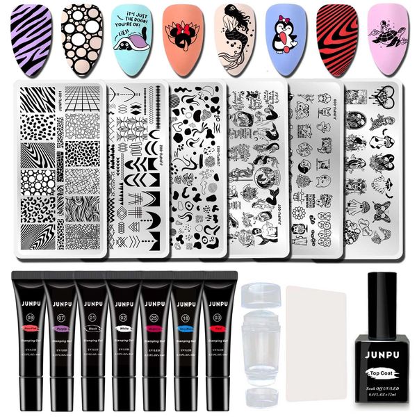 Stamping Unghie Nail Art Stamping Gel Acqua Set, Nail Art Stamper French Unghie Stampo Clear Stamping Nail Art con Raschietti Nail Stamping Kit Strisce a Geometria Animale Stamping Unghie Nail Art