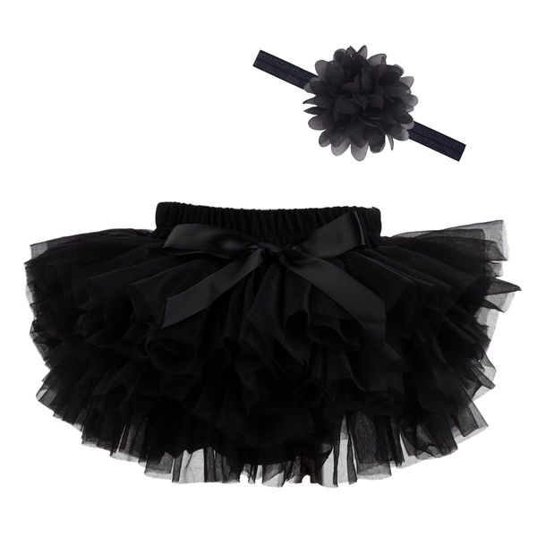 HOOLCHEAN Baby Infant Girls Fluffy Soft Tutu Skirt (Skort) and Headband Suit (Black, 1-2T)