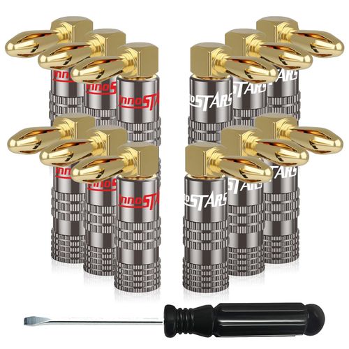InnoStars Right Angle Banana Plugs (6 Pairs / 12 pcs), Closed Screw 24K Gold Plated Banana Speaker Plug Connectors for Speaker Wire, Wall Plate, Home Theater, Audio/Video Receiver, and Sound Systems