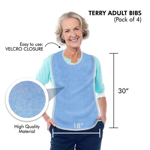 Terry Adult Reusable Bibs with Velcro Closure, 18" x 30", Double Ply Knit, Extra Absorbent and Washable, Multicolor, Pack of 4