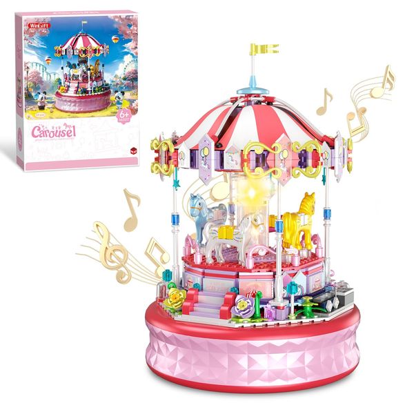 WINGIFT 591 Piece Mini Music Box Building Block Set,Rotating Carousel DIY Building Toy,Girl Amusement Park Building Block Kit,STEM Educational Toys Christmas and Birthday Gifts for Girls Boys Ages 6+