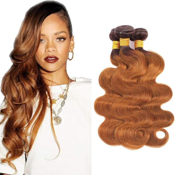 T4/30 Human Hair Bundles Ombre Body Wave Bundles Unprocessed Brazilian Virgin Human Hair 3 Bundles 18 20 22 Inch 2 Tone Brown and Light Brown Bundles No Tangle No Shedding