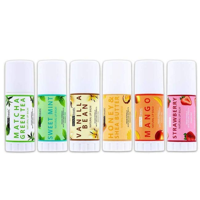 Beauty Treats Natural Lip Balm Set of  6 Scents Honey & Shea Butter, Sweet Mint,