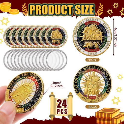 24 Pcs Put on The Whole Armor of God Coin Round Commemorative Coins Souvenir Prayer Metal Christian for Collectors Military Church Party Collectible Challenge Souvenir