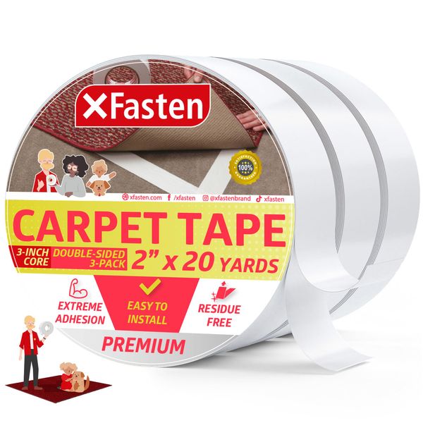 XFasten Double Sided Carpet Tape - 2” x 20yd (3-Pk) Bulk Double Sided Rug Tape for Carpet, Indoor Outdoor Carpet Tape for Area Rugs over Carpet, Strong Adhesion Carpet Binding Tape for Hardwood Floors