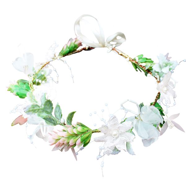 Vivivalue Pearl Flower Crown Floral Garland Headband Flower Halo Headpiece Hair Wreath Boho with Ribbon Wedding Party Photos Festival