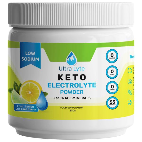 Ultra Lyte Keto Electrolyte Powder 330 g – Fresh Lemon and Lime Flavour – Sugar Free Electrolytes – Promotes Energy & Endurance – Gluten-Free, Vegan – Mineral Hydration Powder – 55 Servings