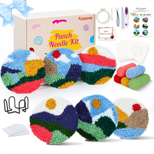 Rivnsong Punch Needle Kit for Beginners – Make 6 Nature-Inspired Coasters with Hoop, Premium Monk’s Cloth & 10+ Yarn Colors | Includes Video Tutorial | Relaxing DIY Gift for Adults & Kids 8+