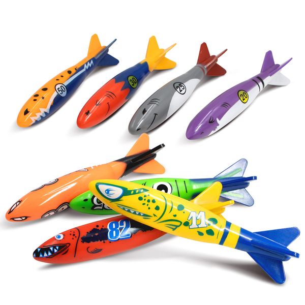 NOVELTY PLACE 8 Pcs Diving Toy Torpedo Bandits - Fun Swimming Pool Toy Game for Kids & Adults - Shark Design 8 Colors