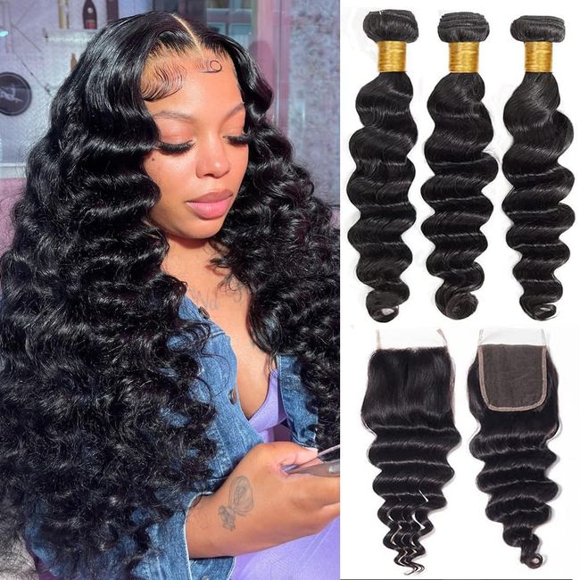 Suerkeep Loose Deep Wave Bundles With Closure Brazilian Human Hair 3 Bundles and Closure Deep Loose Wave Bundles With Closure Deep Loose Wave With Closure 4X4 Lace Closure Free Part Natural Black Hair (14 16 18+12, Bundles with closure)