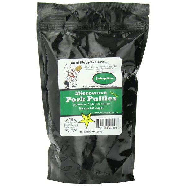 Chef Piggy Tail Microwave Pork Puffies Pork Rinds, Jalapeno, 16 Ounce