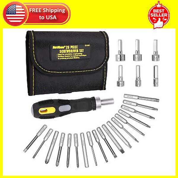 26 Piece Ratcheting Screwdriver Set with Chrome Vanadium Steel Bits,