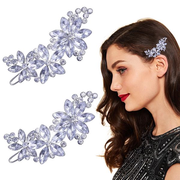 2PCS Silver Hair Clips Wedding Hair Accessories Wedding Hair Clip Sparkle Valentines Wedding Prom Accessories Silver Hair Accessories for Women Girls Bridal Thick Long Hair