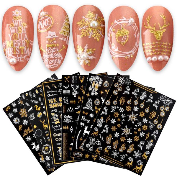 JMEOWIO Nagelsticker Weihnachten 9 Blatt Nail Art Sticker Selbstklebend Nagelaufkleber Schneeflocke Schneemann Festival Weißes Gold Dekoration Nageldesign Zubehör