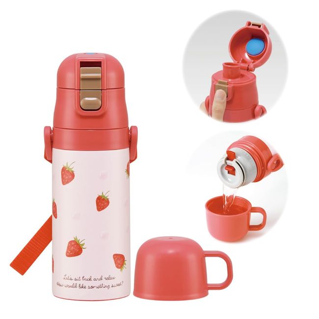 Skater SKDC3 Children's Water Bottle, 2-Way Direct Drinking Cup, Strawberry, Pink, 11.8 fl oz (350 ml) (when in Cup), 14.2 fl oz (420 ml) (Direct Drinking), Stainless Steel, Kids, Small Capacity,