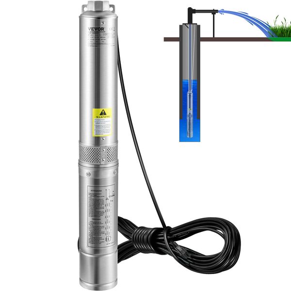 VEVOR 1/2HP 4” Deep Well Pump 28GPM Submersible Pump 167ft Stainless Steel 115V