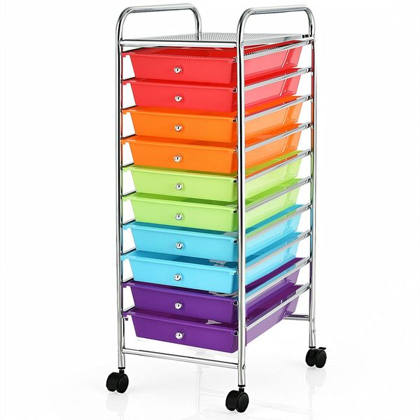 Happygrill 10-Drawer Rolling Storage Cart Utility Trolley Organizer Cart for Home Office School Scrapbook Paper Organizer with Shelf