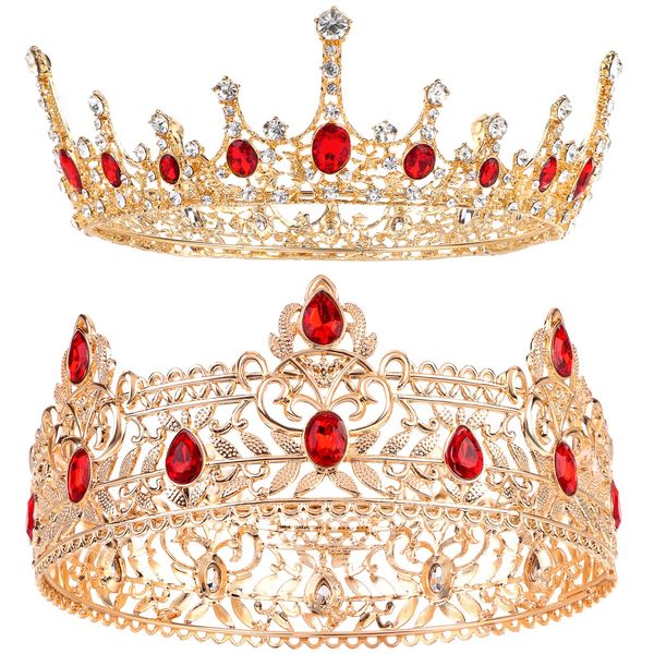 2 Pieces Prom King and Queen Crown Set King Crowns for Men Royal Crown with Red Rhinestone Crystal Crowns for Men Women Princess Crown Tiara Costume Headwear for Wedding Birthday Party Costume