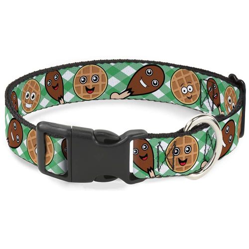 Buckle-Down Plastic Clip Collar - Fried Chicken & Waffles Plaid White/Green - 1.5" Wide - Fits 16-23" Neck - Medium