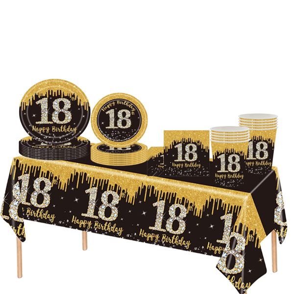 69pcs Black Gold 18th Birthday Decorations,18th Birthday Tablecloth,Paper Plates,Napkins Serviettes and Cups Sets for 18th Birthday Table Decorations for Girls,Boys,Lady,Him,Her 18th Birthday Gifts